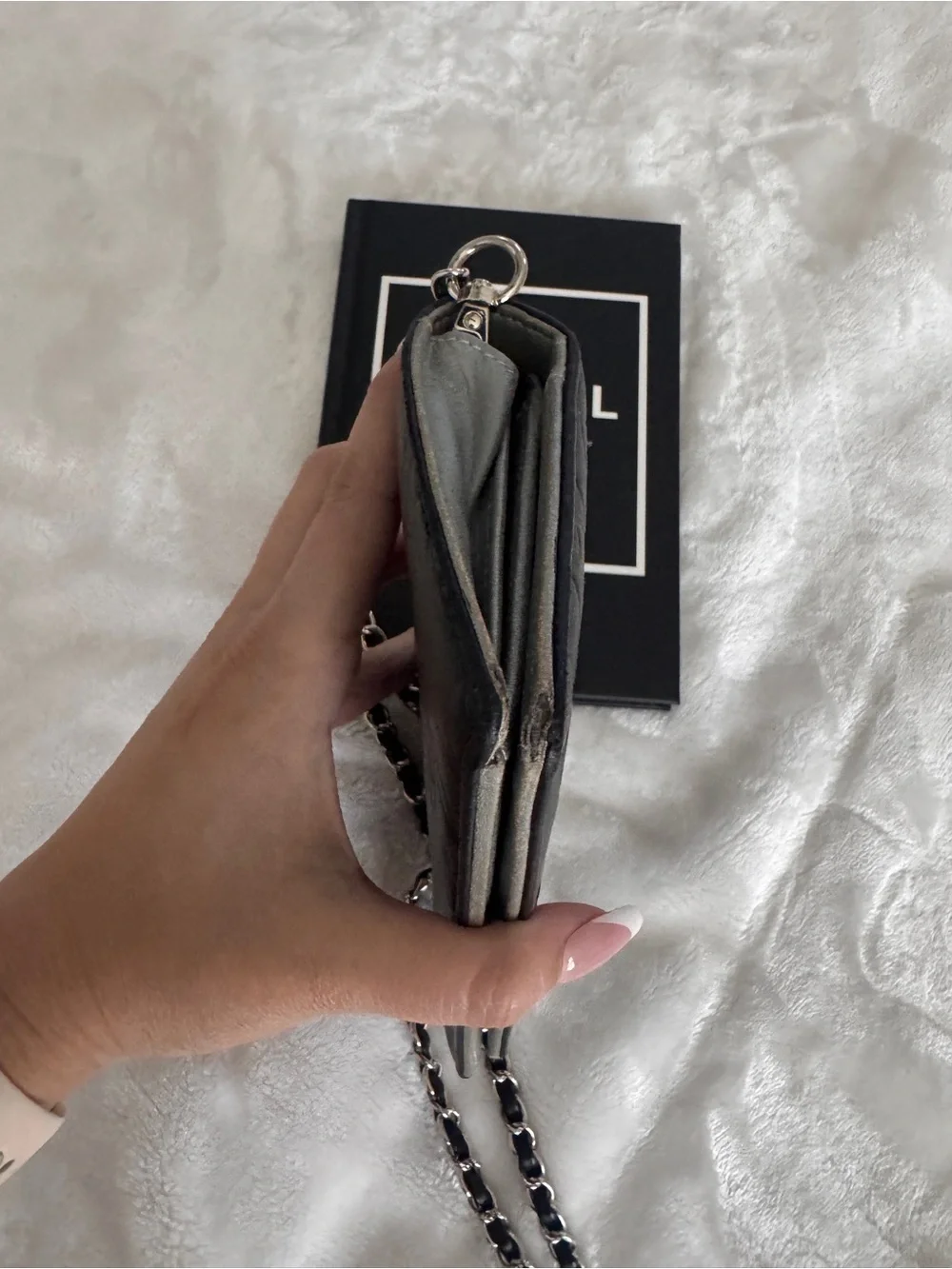 Authentic Chanel Black Camellia Quilted Leather Chain Wallet